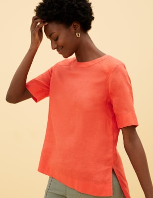 

Womens M&S Collection Pure Linen Round Neck Short Sleeve Top - Bright Orange, Bright Orange