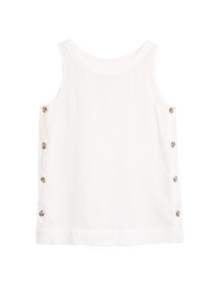 

Womens M&S Collection Ärmelloses Oberteil aus reinem Leinen mit Knopfdetail - White, White