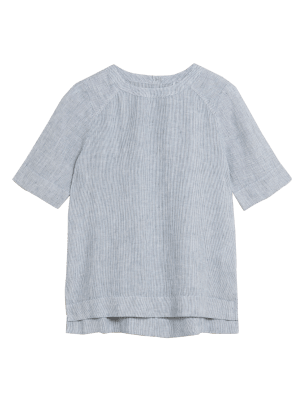 

Womens M&S Collection Kurzarmoberteil aus reinem Leinen mit Rundhalsausschnitt - Navy Mix, Navy Mix