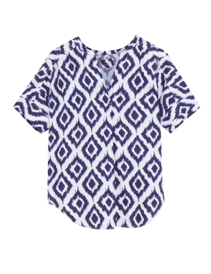 

M&S Collection Blusa de manga corta 100% lino estampadaWomens - Blue Mix, Blue Mix