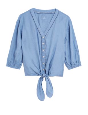 Womens M&S Collection Pure Linen Tie Front 3/4 Sleeve Blouse - Blue