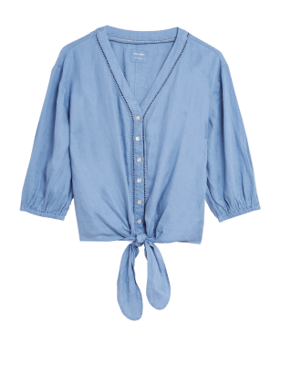 

Womens M&S Collection Bluse aus reinem Leinen mit 3/4-Ärmeln und Bindedetail vorne - Blue, Blue