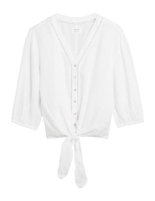 

M&S Collection Blusa de manga 3/4 100% lino con lazo en la parte delanteraWomens - White, White