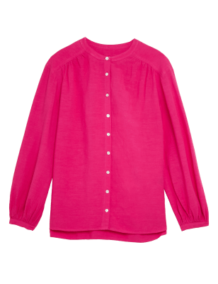 

Womens M&S Collection Linen Blend Round Neck 3/4 Sleeve Blouse - Fuchsia, Fuchsia