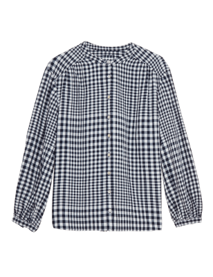

M&S Collection Blusa de manga larga de cuadros con linoWomens - Navy Mix, Navy Mix