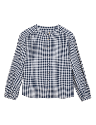 

Womens M&S Collection Linen Blend Checked Long Sleeve Blouse - Navy Mix, Navy Mix