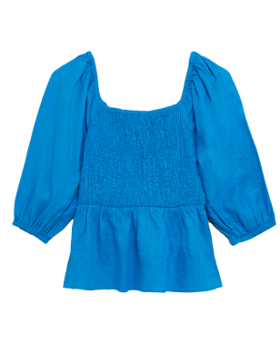 

Womens M&S Collection Pure Linen Shirred Square Neck Top - Lagoon, Lagoon