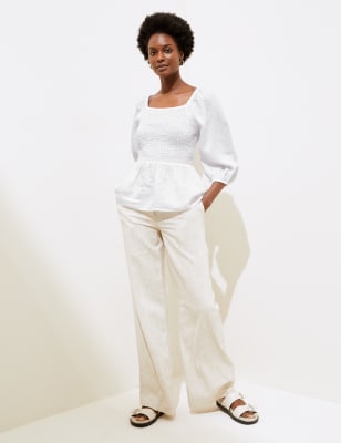 

Womens M&S Collection Pure Linen Shirred Square Neck Top - White, White