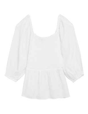 

Womens M&S Collection Pure Linen Shirred Square Neck Top - White, White