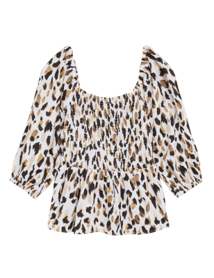 

M&S Collection Blusa de manga 3/4 100% lino con estampado animalWomens - Black Mix, Black Mix