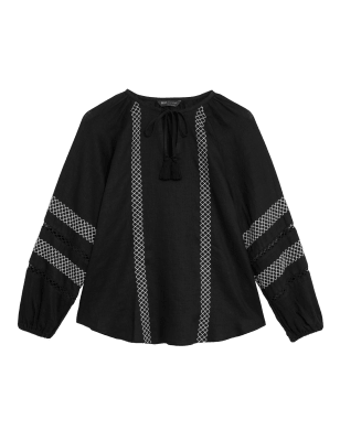 

Womens M&S Collection Pure Linen Embroidered Tie Neck Blouse - Black, Black