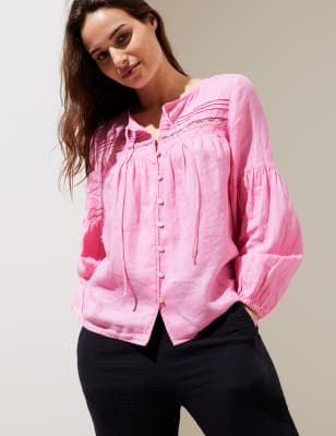 

Womens M&S Collection Pure Linen Tie Neck 3/4 Sleeve Blouse - Pink, Pink