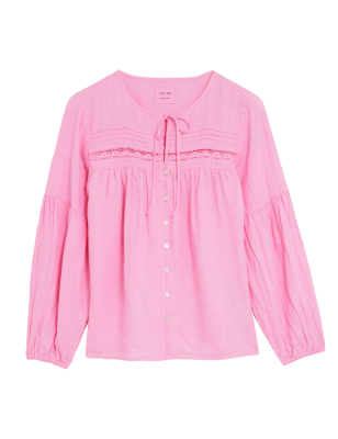 

Womens M&S Collection Pure Linen Tie Neck 3/4 Sleeve Blouse - Pink, Pink