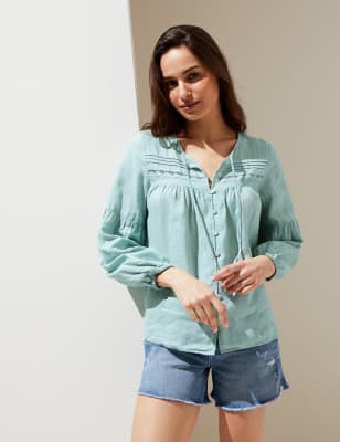 

Womens M&S Collection Bluse aus reinem Leinen mit 3/4-Ärmeln und Schleifenkragen - Soft Green, Soft Green