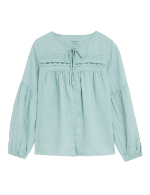 

M&S Collection Blusa de manga 3/4 100% lino con lazo en el cuelloWomens - Soft Green, Soft Green