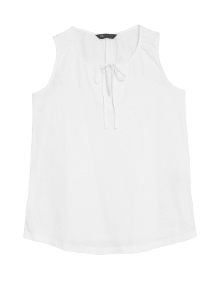 

Womens M&S Collection Ärmelloses Trägeroberteil aus reinem Leinen mit Bindekragen - White, White