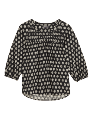 

M&S Collection Blusa de manga 3/4 de escote en pico estampada de linoWomens - Black Mix, Black Mix