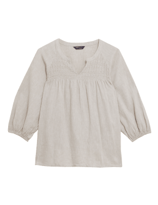 

M&S Collection Blusa de manga blusón de escote en pico de linoWomens - Natural, Natural