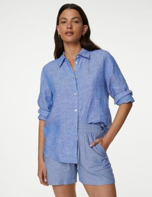 Marks And Spencer Womens M&S Collection Pure Linen Long Sleeve Shirt - Chambray, Chambray