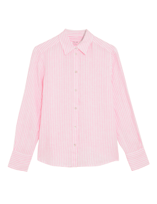 

M&S Collection Camisa 100% lino de manga larga de rayasWomens - Pink Mix, Pink Mix
