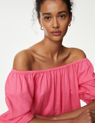 

M&S Collection Blusa bardot de manga abullonada de linoWomens - Bubblegum Pink, Bubblegum Pink