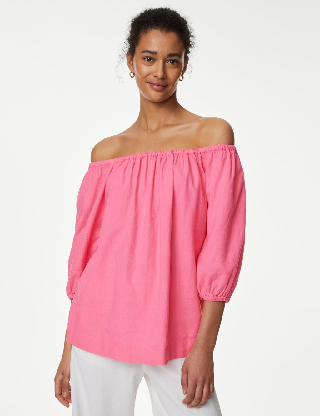 Linen Rich Bardot Puff Sleeve Blouse image 3