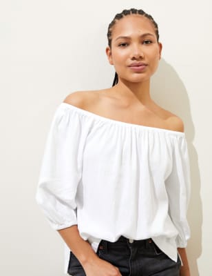 

Womens M&S Collection Linen Rich Bardot Puff Sleeve Blouse - White, White