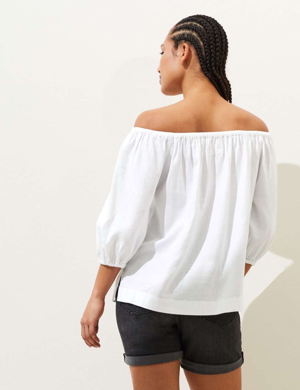 Linen Rich Bardot Puff Sleeve Blouse image 4