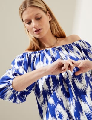 Linen Rich Printed Bardot Blouse - SA