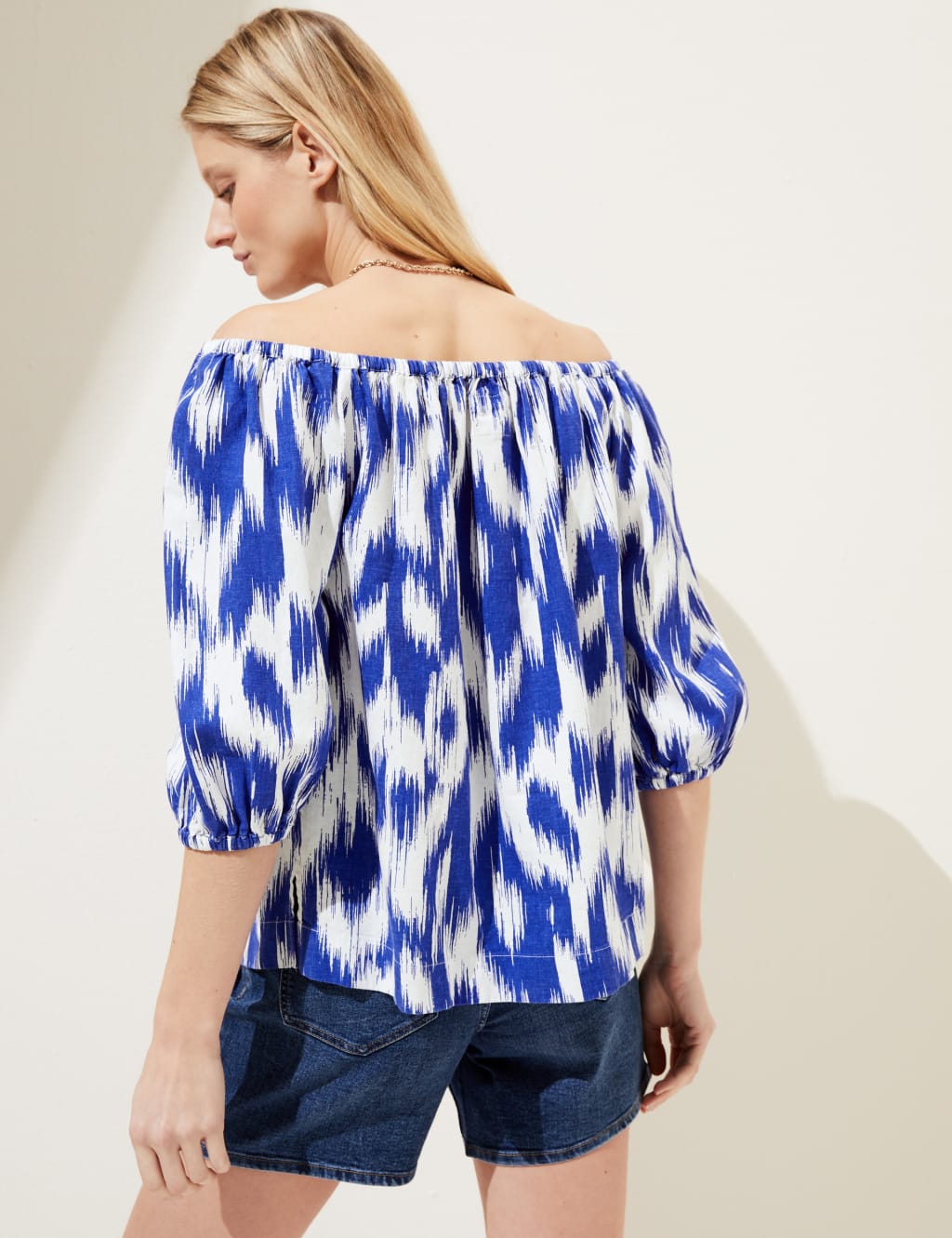 Linen Rich Printed Bardot Blouse image 4