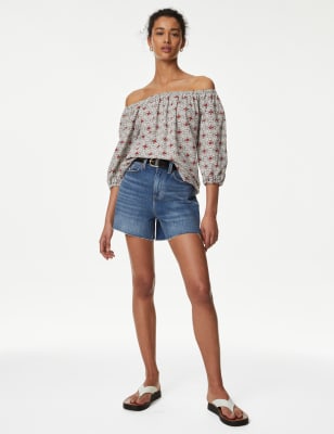 Linen Rich Printed Bardot Blouse