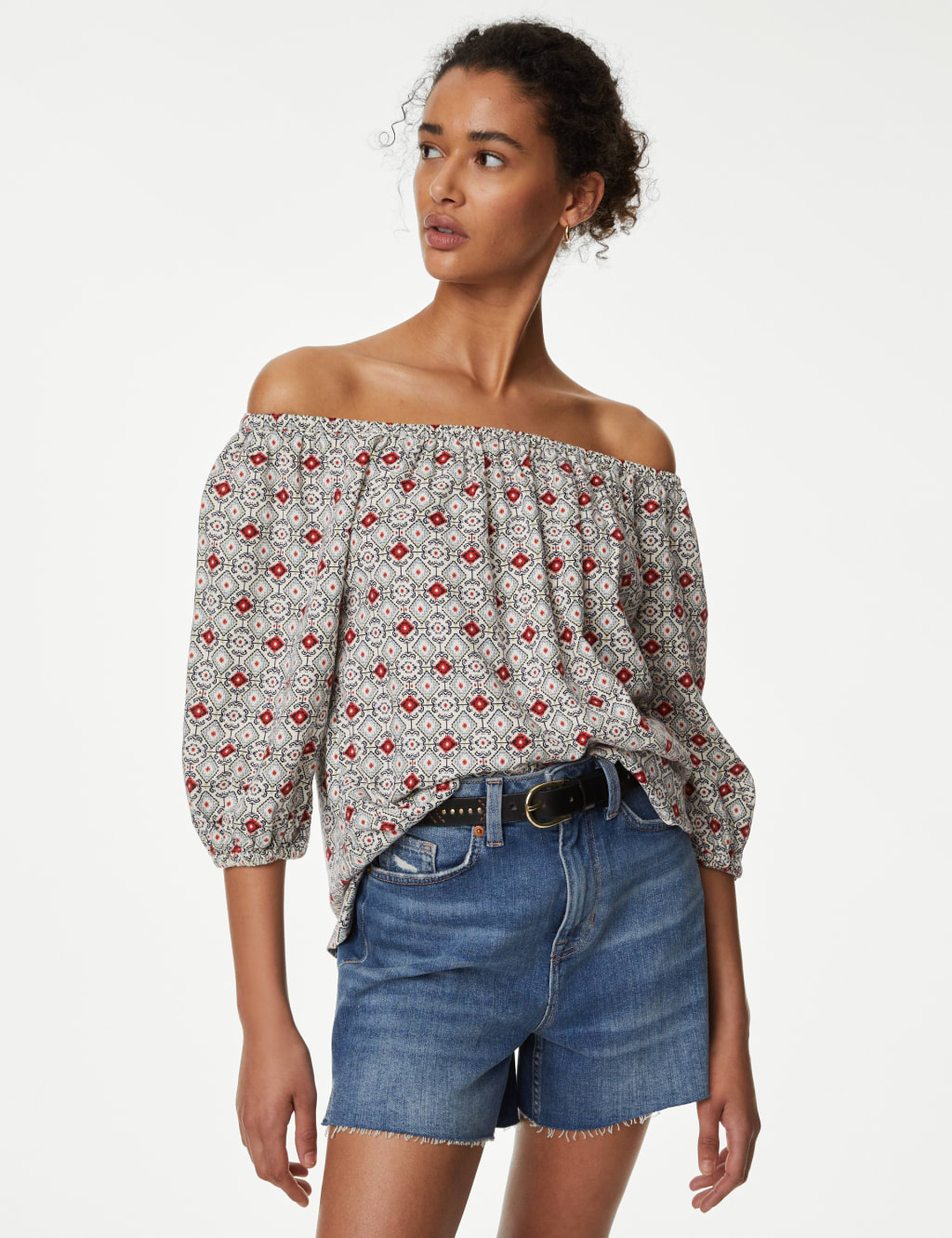 Linen Rich Printed Bardot Blouse image 2