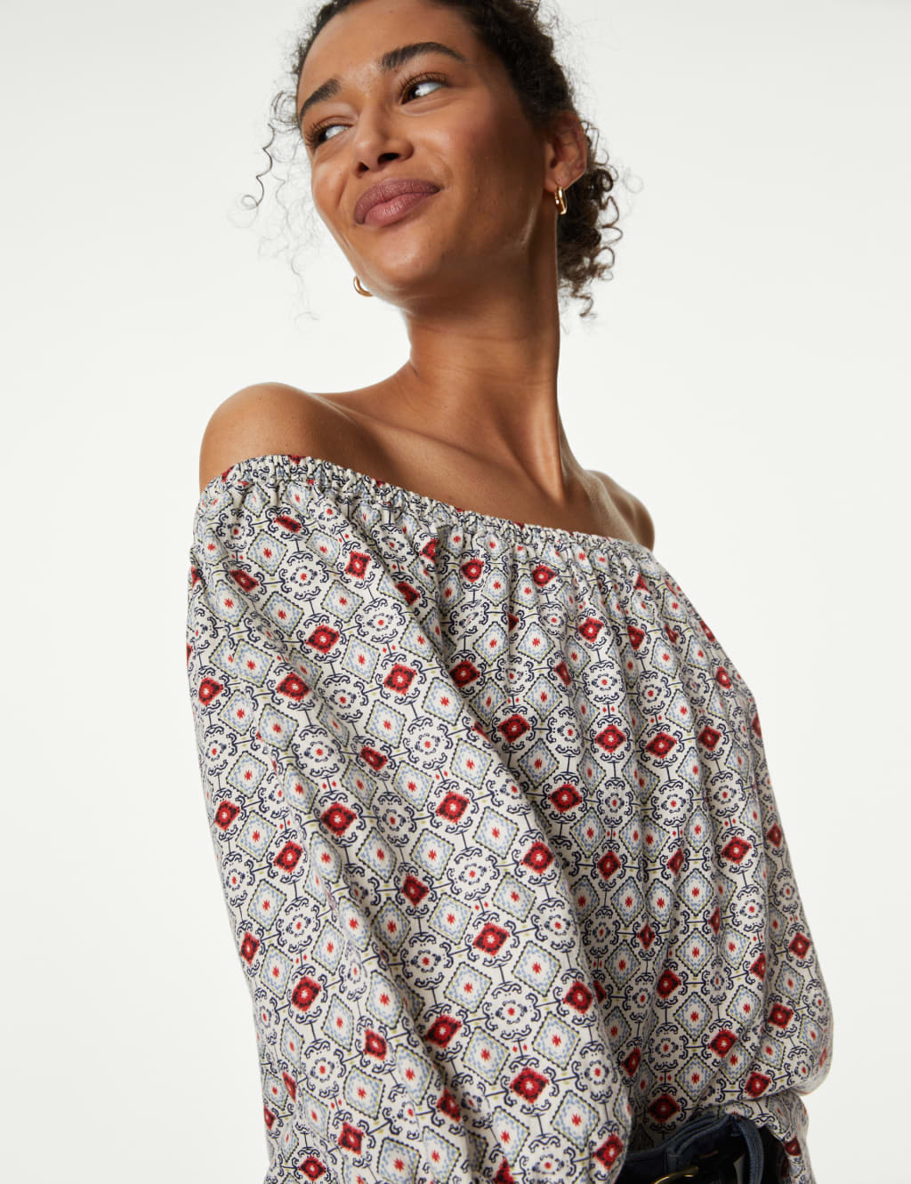 Linen Rich Printed Bardot Blouse image 3