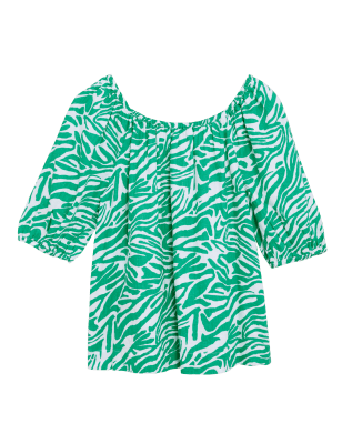 

Womens M&S Collection Pure Linen Printed Puff Sleeve Top - Green Mix, Green Mix