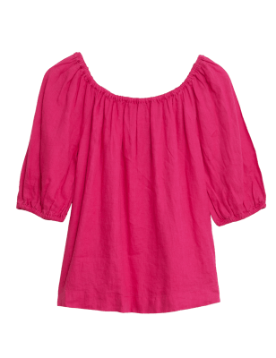 

Womens M&S Collection Pure Linen Puff Sleeve Blouse - Bright Pink, Bright Pink