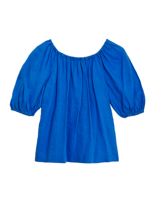 

Womens M&S Collection Pure Linen Puff Sleeve Blouse - Royal Blue, Royal Blue