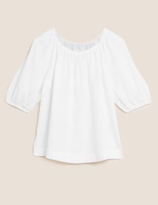

Womens M&S Collection Bluse aus reinem Leinen mit Puffärmeln - White, White