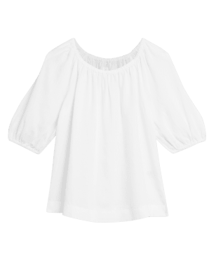 

M&S Collection Blusa de manga abullonada 100% linoWomens - White, White