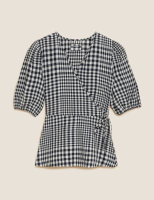 Linen Blend Checked V-Neck Wrap Top