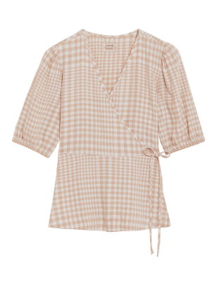 

Womens M&S Collection Linen Rich Checked Short Sleeve Blouse - White Mix, White Mix