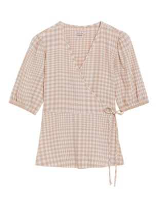 M&S Womens Linen Rich Checked Short Sleeve Blouse