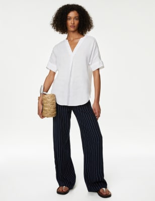 Pure Linen Short Sleeve Popover Blouse - SK