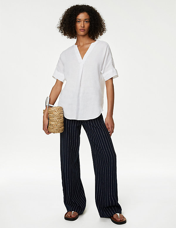 Pure Linen Short Sleeve Popover Blouse - ID