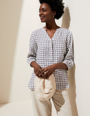 

M&S Collection Blusa 100% lino de manga 3/4 de cuadrosWomens - Cream Mix, Cream Mix