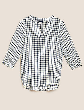 Zuiver linnen blouse met 3/4-mouwen en ruitmotief