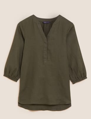 

Womens M&S Collection Pure Linen Collarless 3/4 Sleeve Blouse - Khaki, Khaki