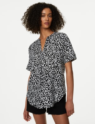 Pure Linen Animal Print Popover Blouse