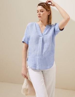 Womens M&S Collection Pure Linen Short Sleeve Popover Blouse - Chambray, Chambray