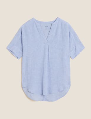

M&S Collection Blusa cerrada 100% lino de manga cortaWomens - Chambray, Chambray