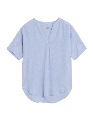 

Womens M&S Collection Popover-Bluse aus reinem Leinen mit kurzen Ärmeln - Chambray, Chambray